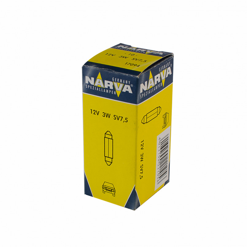 170943000 NARVA Лампа C3W, 12V 3W SV7,5 8x28 |FESTOON 28mm| (10шт) — фото товара №2