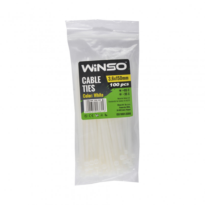 Хомути пластикові білі WINSO 3,6x150 (100шт.) — фото товара №1