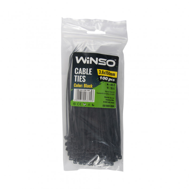 Хомути пластикові чорні WINSO 3,6x150 (100шт.) — фото товара №1