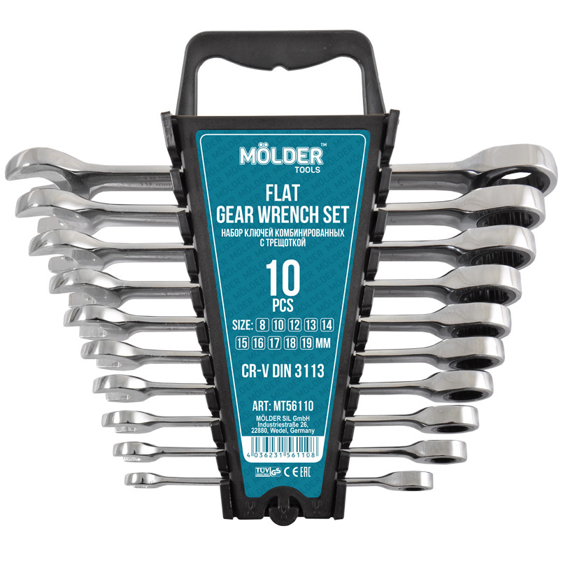 MOLDER Набір ключів комб. MOLDER з трещіткою CR-V, 10шт, 8-19 мм, 8-10-12-13-14-15-16-17-18-19. — фото товара №1