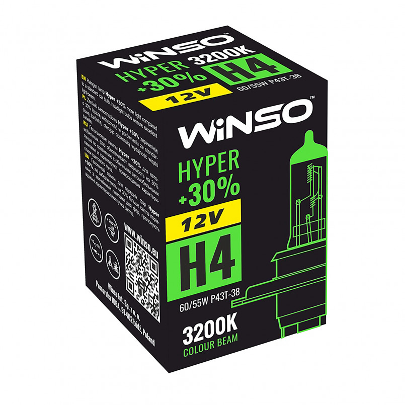 12V H4 HYPER +30% 60/55W P43t-38 WINSO — фото товара №1