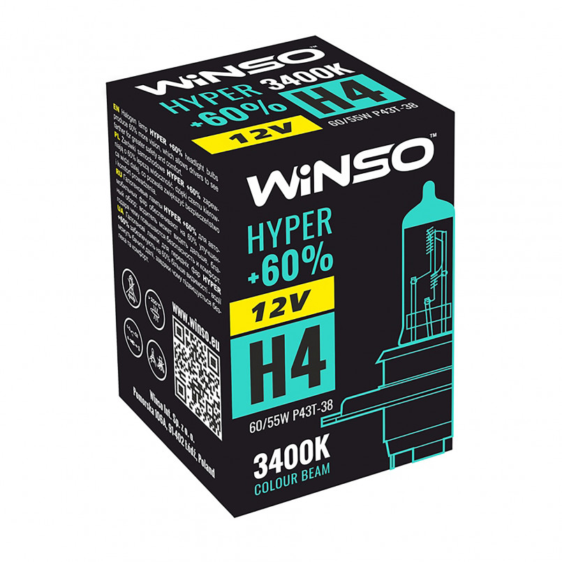 12V H4 HYPER +60% 60/55W P43t-38 WINSO — фото товара №1