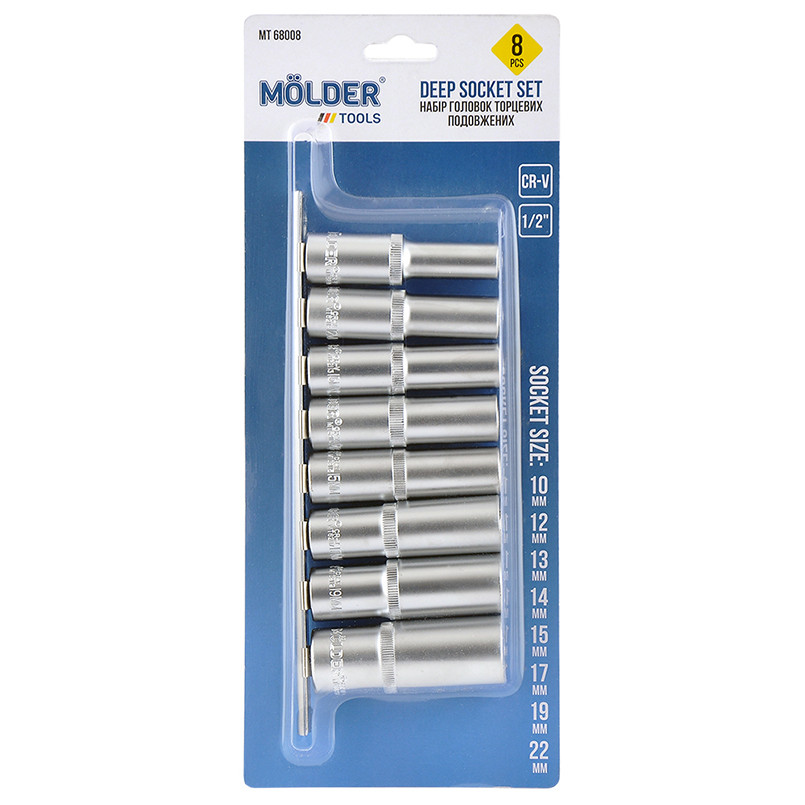 MOLDER Набір головок торцевих подовжених на планці Molder, 1/2_, 72T, CR-V, 10-22 мм, 8шт(5шт/уп) — фото товара №2