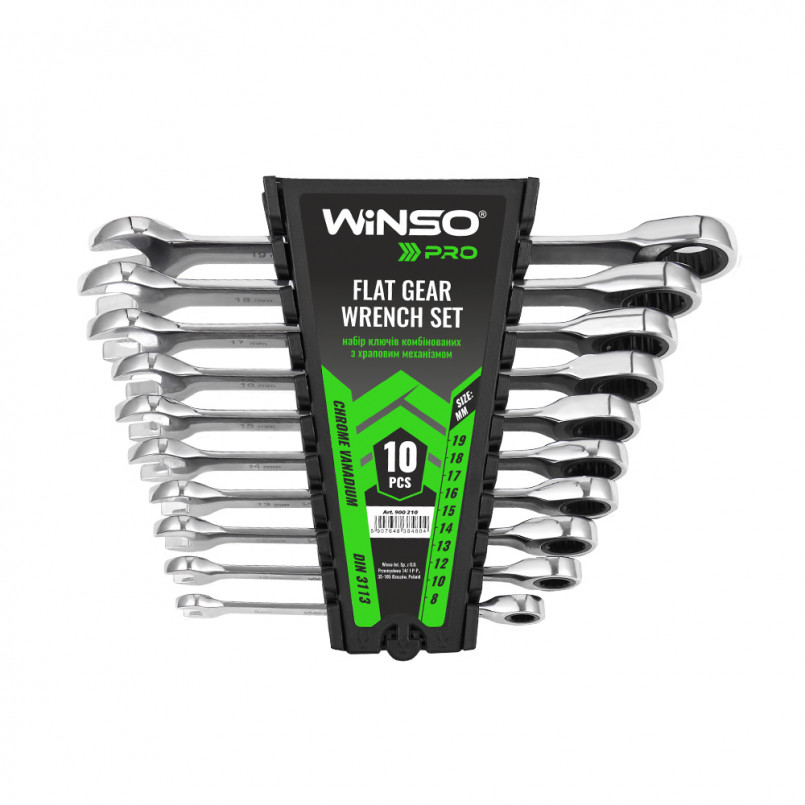 Набір ключів комбінованих WINSO PRO з тріскачкою CR-V, 10шт (8-19, 8-10-12-13-14-15-17-19мм) (5/10) — фото товара №1
