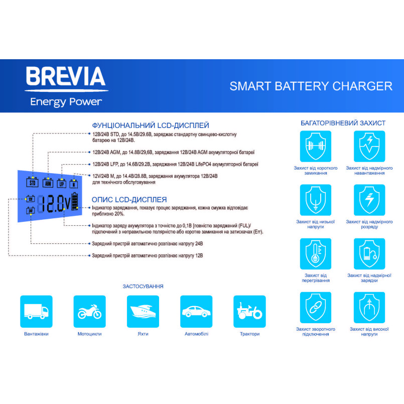 BREVIA Зарядний пристрій АКБ POWER1500 15A, 12V/24V, 10-300Ah (6шт.) — фото товара №4