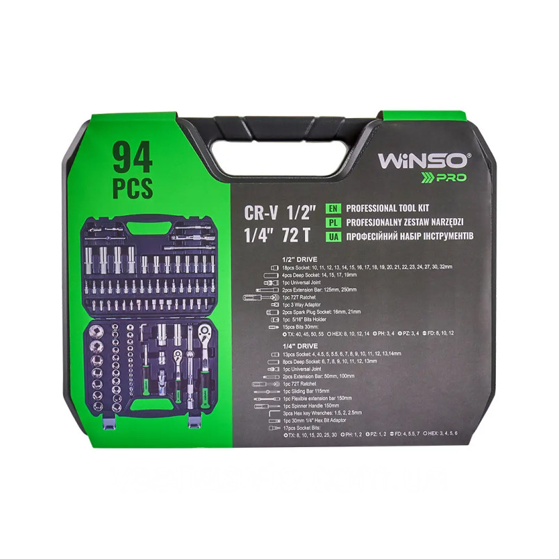 Професійний набір інструментів в кейсі WINSO Pro 1/2_, 1/4_ 72 T, CR-V, 94 од. — фото товара №2