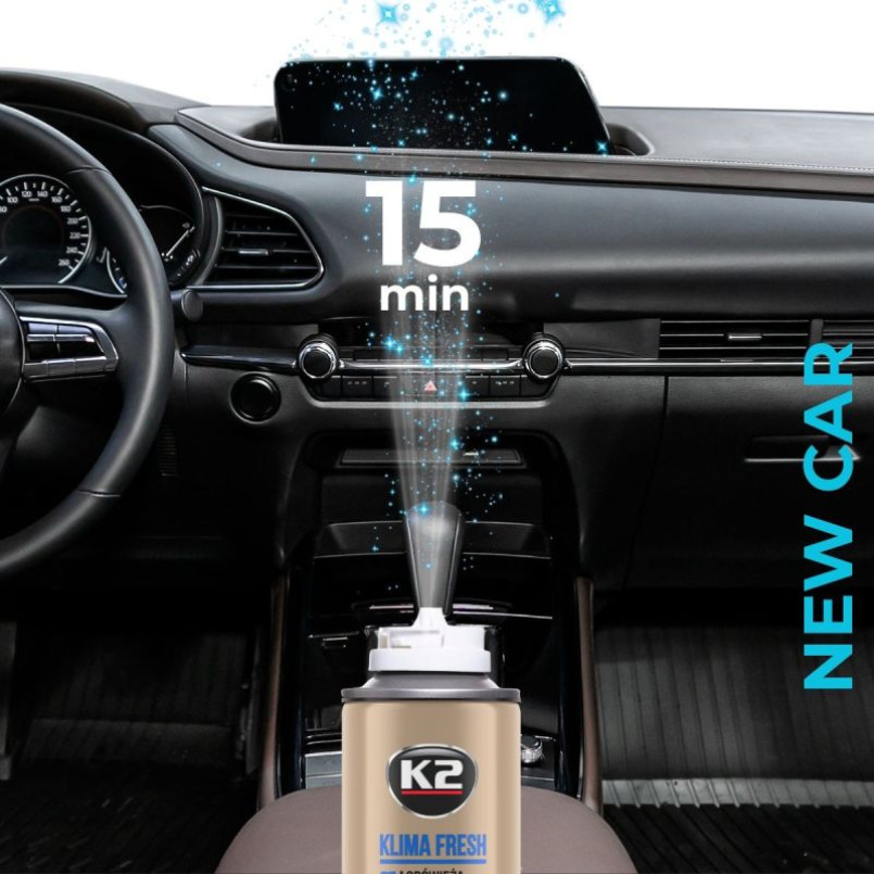 K2 KLIMA FRESH New Car 150ml Освіжувач системи автокондиціонера нове авто (аерозоль) х24 NEW — фото товара №2